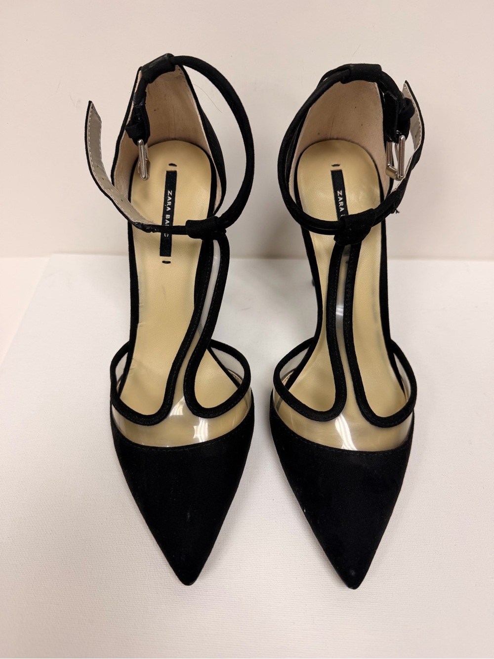 Zara Black Pointed T-Strap Ankle-Strap Heels